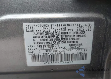2021 Nissan Sentra Sr from USA, damaged, VIN 3N1AB8DV6MY271274